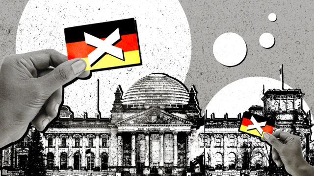 Collage of the Bundestag with some hands holding ballots