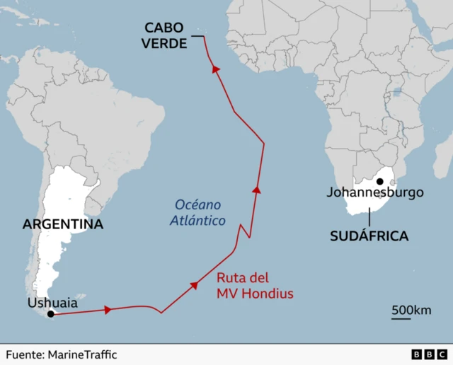 Mapa que muestra el trascurso del barco MV Hondius desde Argentina hasta Cabo Verde.