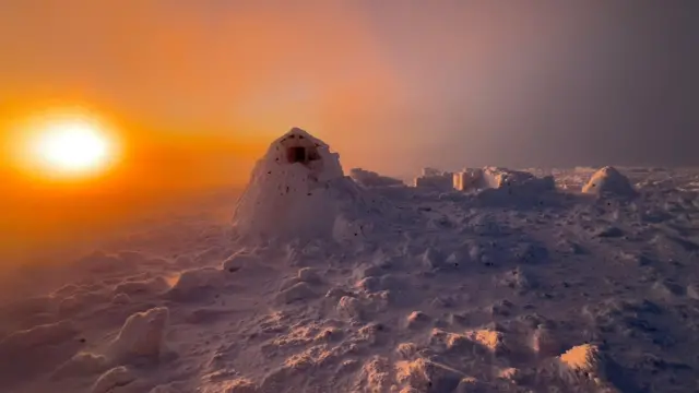Montañas cubiertas de nieve en la distancia con colinas boscosas en primer plano, bajo un cielo parcialmente nublado al amanecer.