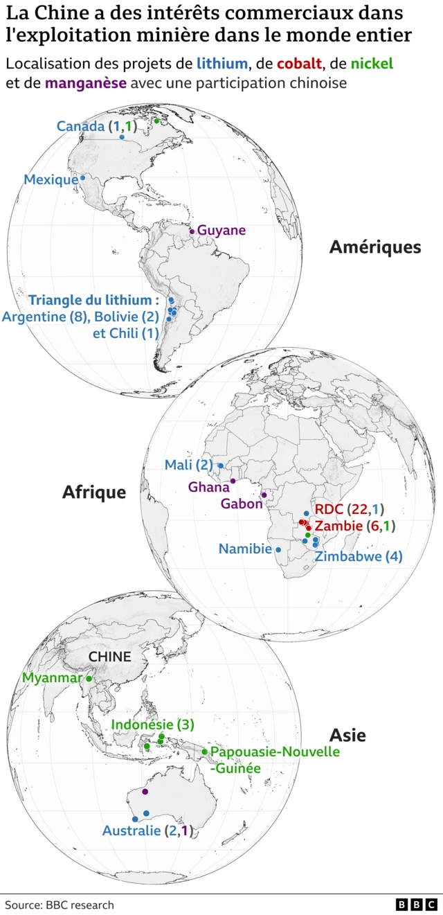 Cartes du monde montrant les projets d'exploitation minière de lithium, de cobalt, de manganèse et de nickel dans lesquels la Chine détient une participation