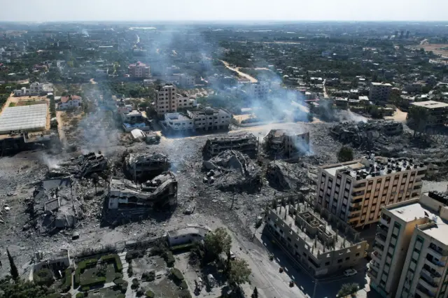 Destroyed tower blocks in Al Zahra neighbourhood in Gaza