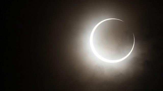 In an annular (meaning round or circular in Latin) eclipse, the Moon does not completely cover the Sun, but leaves a ring of light