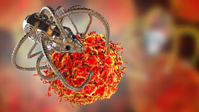 Artist's impression of a nanobot clamping onto a cell in a human body