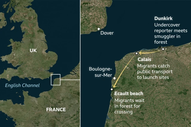 Two maps of the UK and northern France. Left hand map highlights English Channel and focus on the area where two countries are closest. The right hand shows key locations including Dunkirk on the northern coast where the undercover reporter met smuggler in forest, Calais a little further west where migrants catch public transport to launch sites and Ecault beach on the west coast near Boulogne-sur-Mer where migrants wait in forest for crossing.