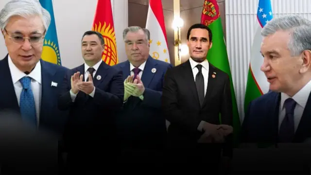 Орқа фонда чапдан ўнгга Қозоғистон. Қирғизстон. Тожикистон. Туркманистон ва Ўзбекистон байроқлари, олд фонда эса ҳар бир байроқнинг олдида шу мамлакат президентининг расми қўйилган коллаж