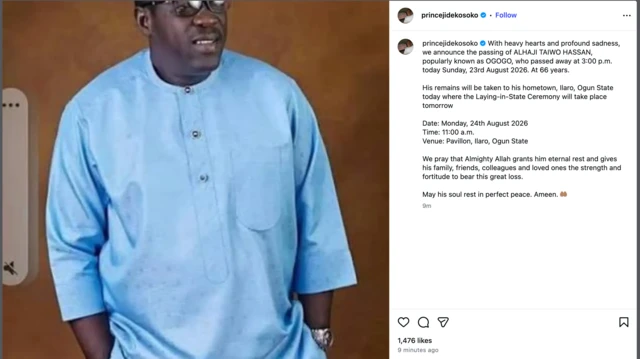 Screengrab announcing death of Ogogo