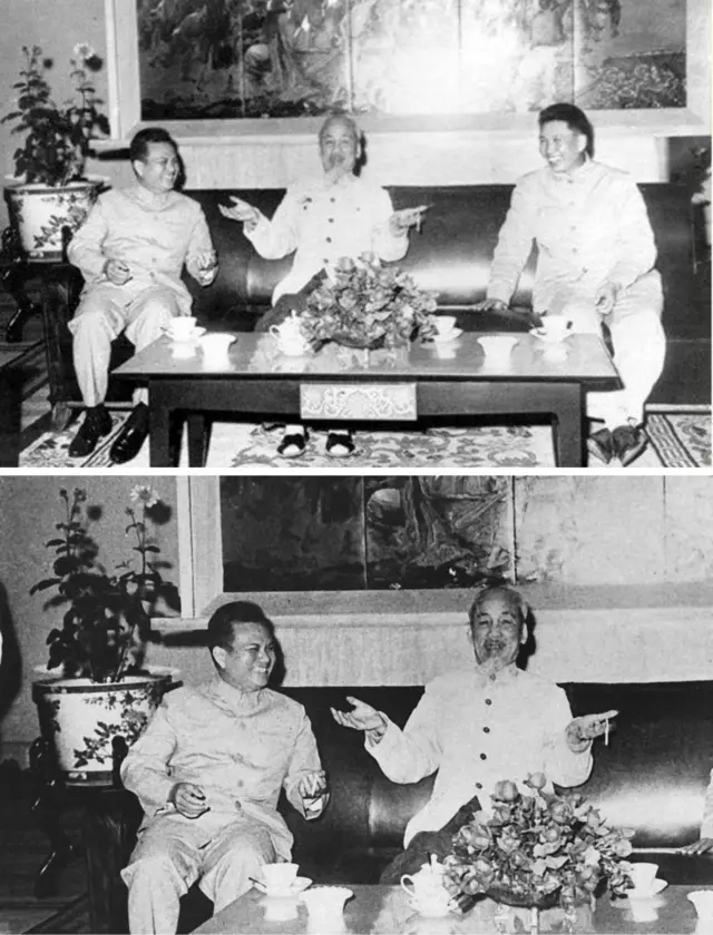 Cuộc gặp tại Hà Nội vào năm 1966 (ảnh trên): Kayssone Phomvihane (Lào, trái), Hồ Chí Minh (Việt Nam Dân chủ Cộng hòa, giữa) và Pol Pot (Tổng Bí thư Đảng Cộng sản Campuchia, phải). Về sau, khi Việt Nam xung đột vũ trang với Khmer Đỏ, tấm ảnh này đã được chỉnh sửa bằng cách cắt Pol Pot ra khỏi khung hình trong các tài liệu tuyên truyền tại Việt Nam (ảnh dưới).