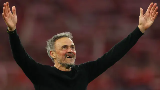 Paris St -Germain manager Luis Enrique celebrates after his side reached the 2026 Champions League final