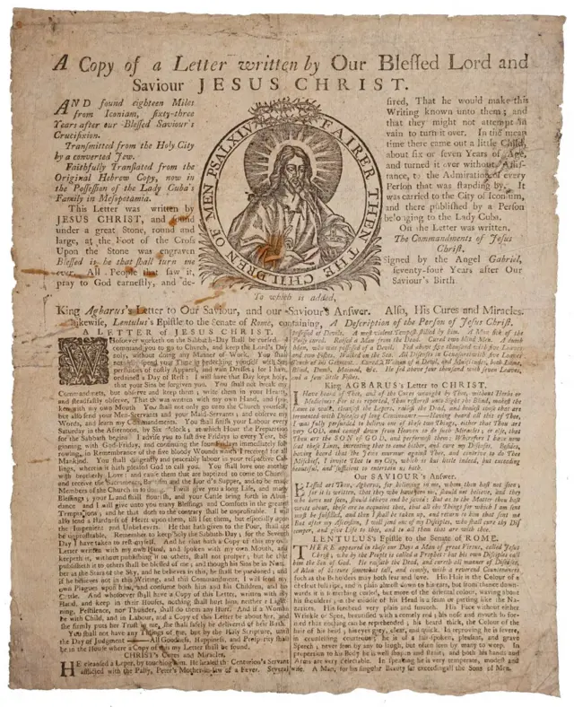 Página com texto da "carta celestial" e imagem de Jesus Cristo