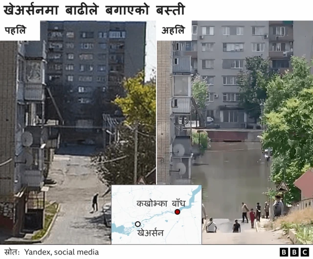 बाढी अघि र पछि खेअर्सन सहरको अवस्था