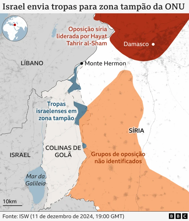 Mapa mostra o sudoeste da Síria e as Colinascasino play n goGolã, onde Israel diz que suas forças criaram uma zona-tampão e tomaram posições desocupadas pelo exército síriocasino play n gofuga