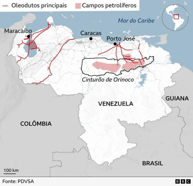 Trump quer o petróleo da Venezuela. O plano vai funcionar? Mapa destacando regiões com reservas de petróleo da Venezuela