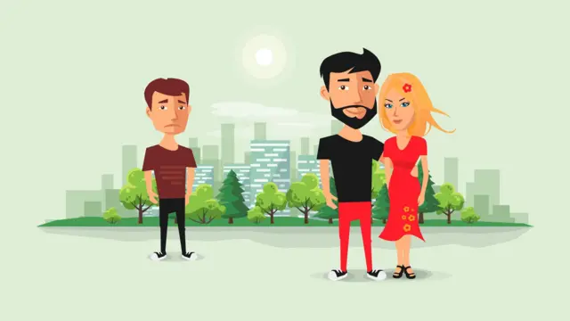 एक कपल को पीछे खड़ा एक व्यक्ति दुखी होकर देख रहा है, रेखाचित्र