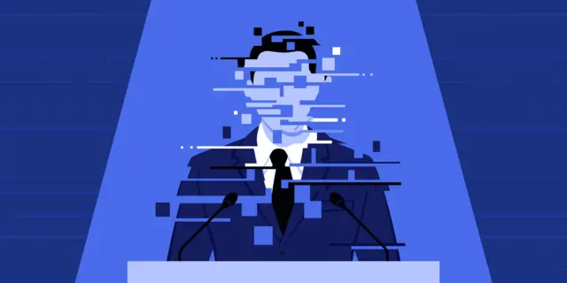Imagem corrompida e danificada de um político discursando em uma coletiva de imprensa: conceito de dados corrompidos, manipulação e deepfakes