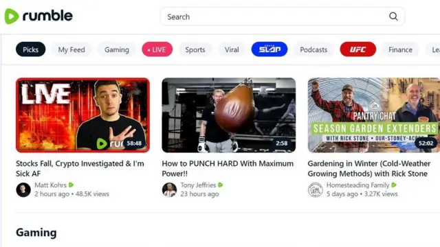 여러 영상이 올라온 럼블의 메인 홈페이지