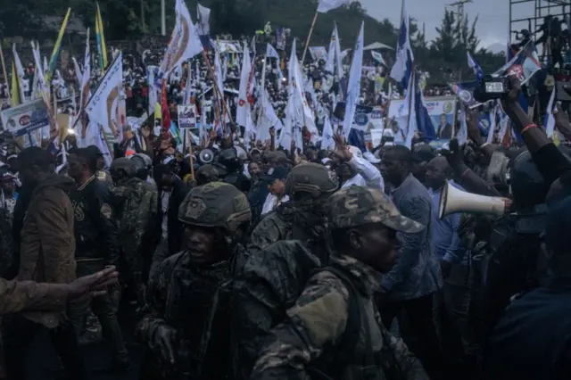 Des partisans du président sortant Félix Tshisékédi lors d'un meeting à Goma ce 10 décembre 2023