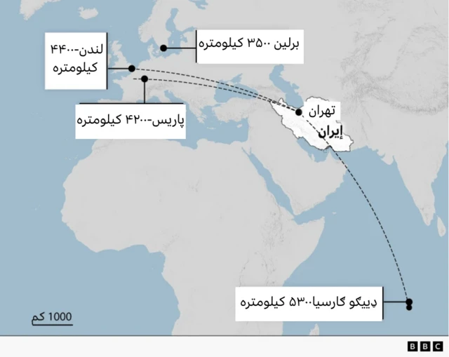 یوه نقشه چې ایران او د نړۍ یو شمېر ښارونه ښيي، او له تهرانه واټنونه (فاصلې) پکې روښانه شوي دي.