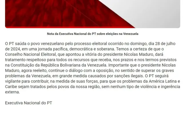 Captura de tela com a nota da Executiva Nacional do PT sobre eleições na Venezuela