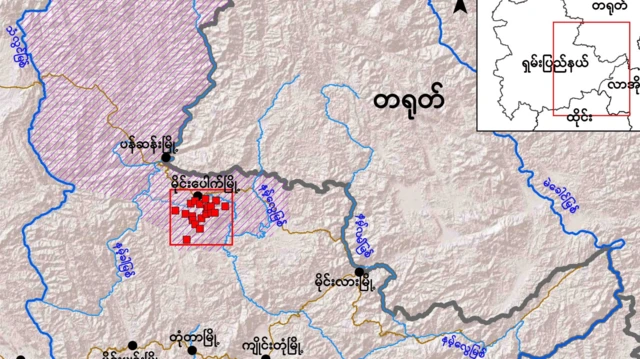 အနီရောင်အကွက်တွေက မိုင်းပေါက်မြို့ထဲက မြေရှားသတ္တုတွင်း တည်နေရာတွေဖြစ်ပါတယ်