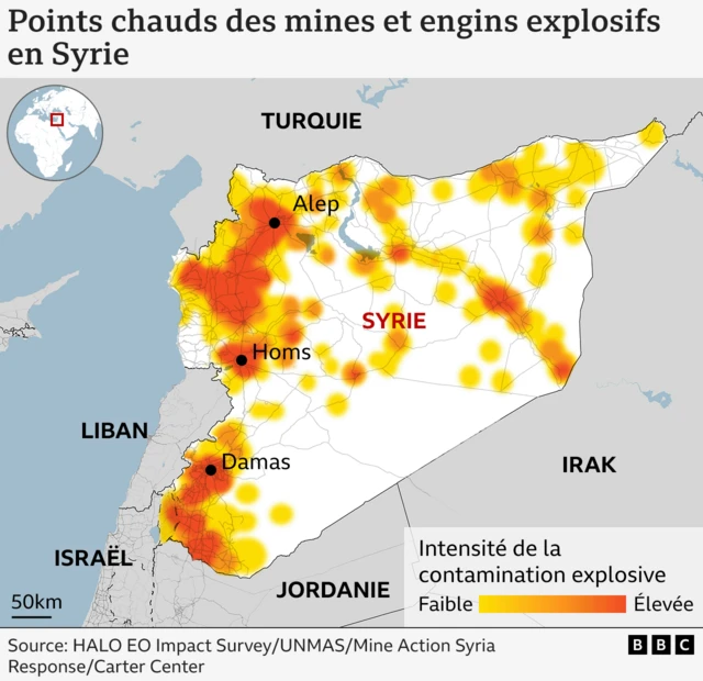 Une carte montrant les zones de Syrie où la concentration de mines terrestres est la plus élevée