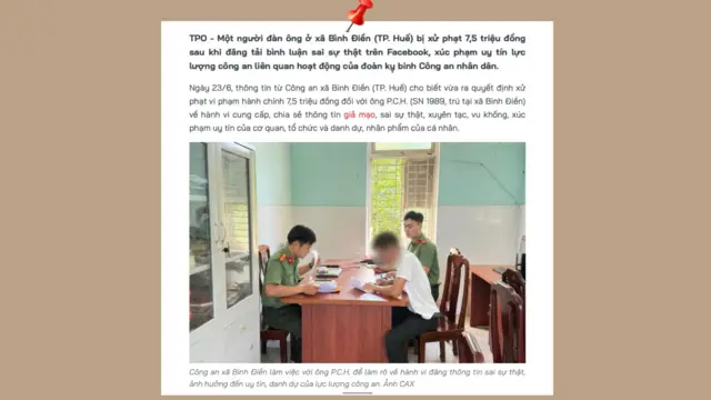 Một bài báo về việc xử phạt người đàn ông bị cáo buộc đăng tải bình luận sai sự thật, xúc phạm uy tín của đoàn kỵ binh Công an nhân dân trên mạng xã hội Facebook