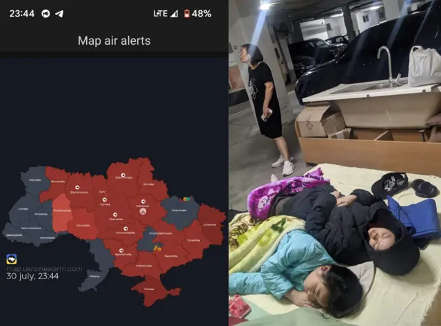 Bản đồ các vùng bị không kích đêm 30 rạng sáng 31/7/2025, chị chủ nhà đang hỏi thăm gia đình người Việt ở hầm chứa xe.