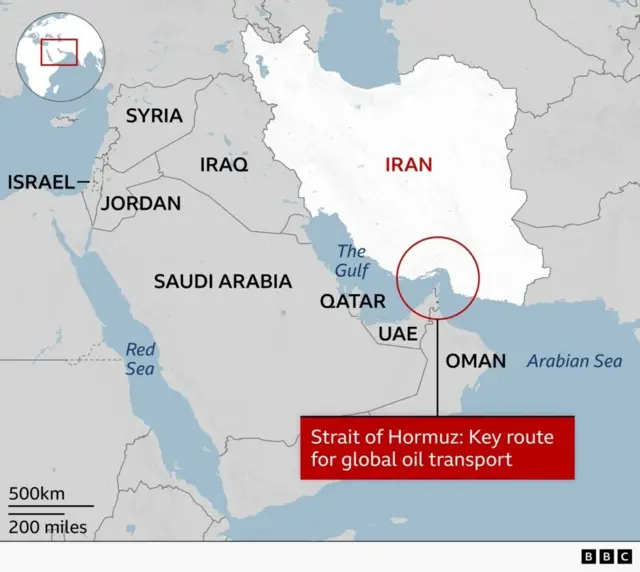 A map of the Strait of Hormuz, with Iran to the north of it highlighted in white