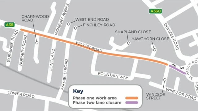Un mapa que muestra Wilton Road con una línea naranja que indica la fase uno del trabajo y una línea violeta más pequeña que indica la fase dos del trabajo.