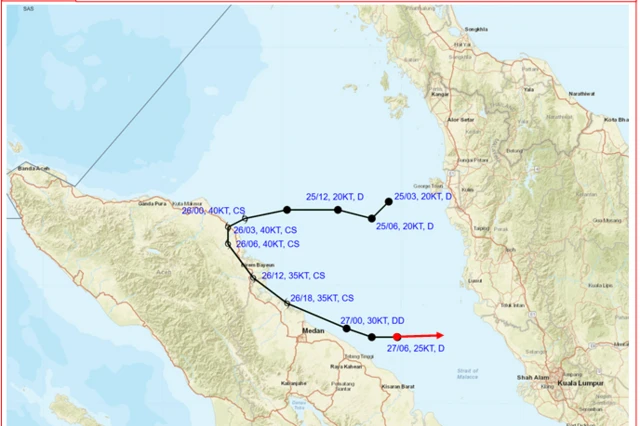 सेन्यार चक्रीवादळाचा मार्ग दर्शवणारा भारतीय हवामान विभागाचा नकाशा
