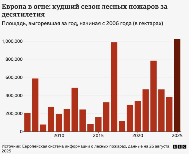 Площадь лесных пожаров из года в год - графика
