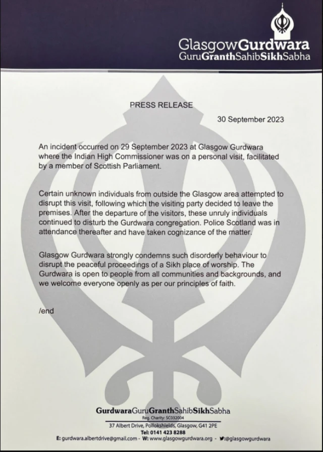 ग्लासगो गुरुद्वारा का बयान
