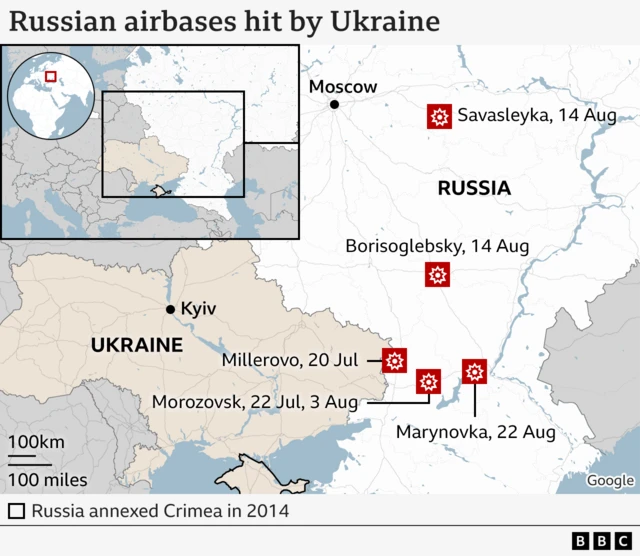 Map of Russian airbase dem wey Ukraine hit