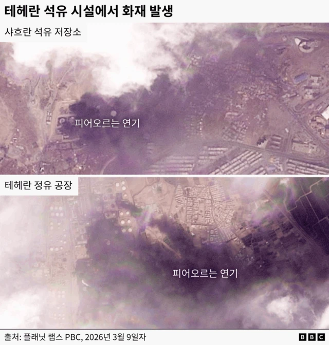 샤하란 원유 저장소와 테헤란 정유공장에서 연기가 피어오르는 모습