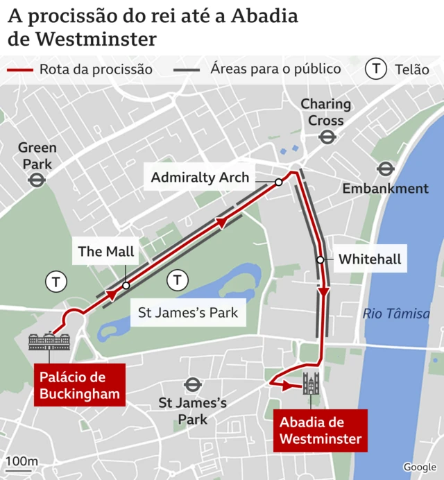 Mapa com trajeto da procissão do Palácioaposta de jogos betsBuckingham à Abadiaaposta de jogos betsWestminster