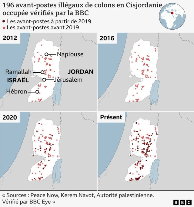 Carte montrant la répartition des colonies israéliennes en Cisjordanie