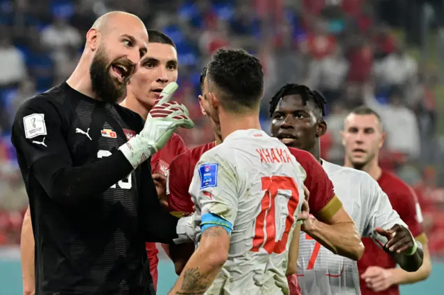 Сербиялык дарбазачы Ваня Милинкович-Савич оюн учурунда Швейцариянын капитаны Гранит Жака менен чырдаша кетти