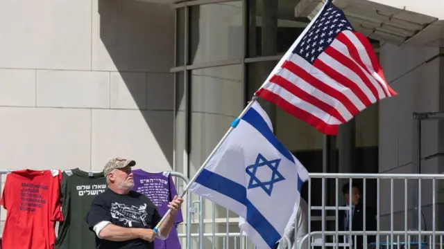 Homme avec les drapeaux israélien et américain