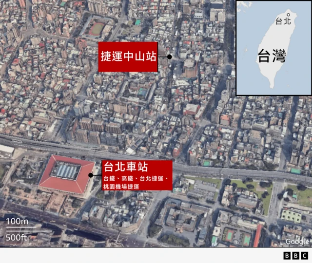 卫星地图：台北车站与捷运中山站地理位置