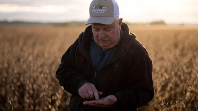 Фермер стоїть у полі і дивиться на долоню