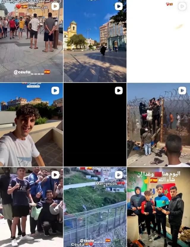 Uma captura de tela de um perfil do Instagram mostrando vídeos alegres da vida na Espanha e em Ceuta.