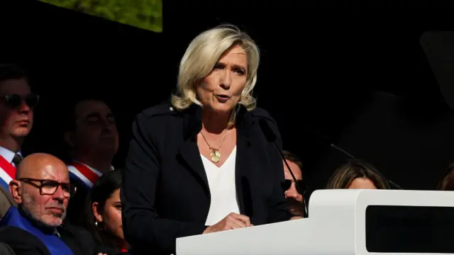 French far-right leader Marine Le Pen speaks at a rally in support of her, in Paris, France on 6 April