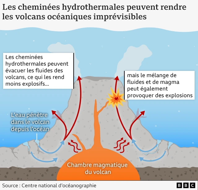 Un graphique montrant comment les évents hydrothermaux pourraient rendre les volcans plus explosifs. En bas se trouve une tache orange, avec une cheminée au-dessus, sur laquelle il est mentionné : "Chambre magmatique du volcan". De chaque côté se trouve un sédiment brun, avec des taches brun foncé, et au-dessus se trouve une forme conique grise du volcan. Autour du volcan, il y a de l'eau bleue, et au sommet, deux panaches de fumée blanche. À l'intérieur du volcan, des lignes rouges et bleues indiquent les endroits par lesquels les évents hydrothermaux pourraient libérer des gaz. Les évents hydrothermaux peuvent extraire des fluides des volcans et les rendre moins explosifs. Mais ils pourraient également mélanger des fluides et du magma, ce qui pourrait générer des explosions.