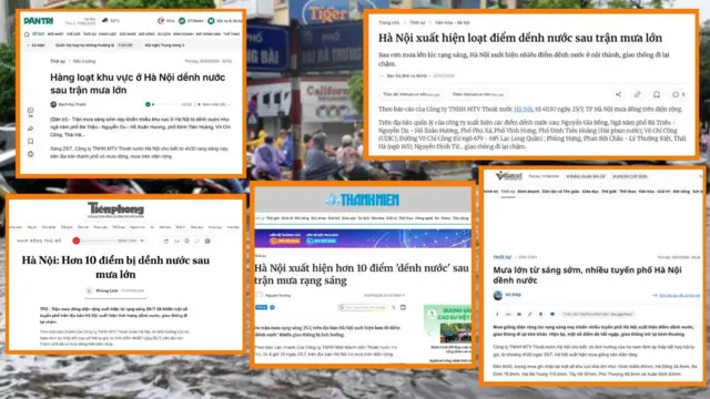 Chụp màn hình các bản tin của các báo Dân Trí, Tiền Phong, Thanh Niên, Vietnamnet, Vietnam.vn. Trong đó trên title bài báo đều sử dụng cụm từ dềnh nước