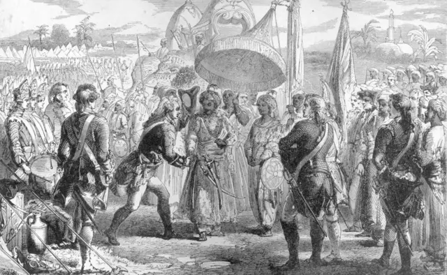 যুদ্ধ জয়ের পরে মীর জাফরের সামনে মাথা নুইয়ে রবার্ট ক্লাইভ - হাতে আঁকা ছবি