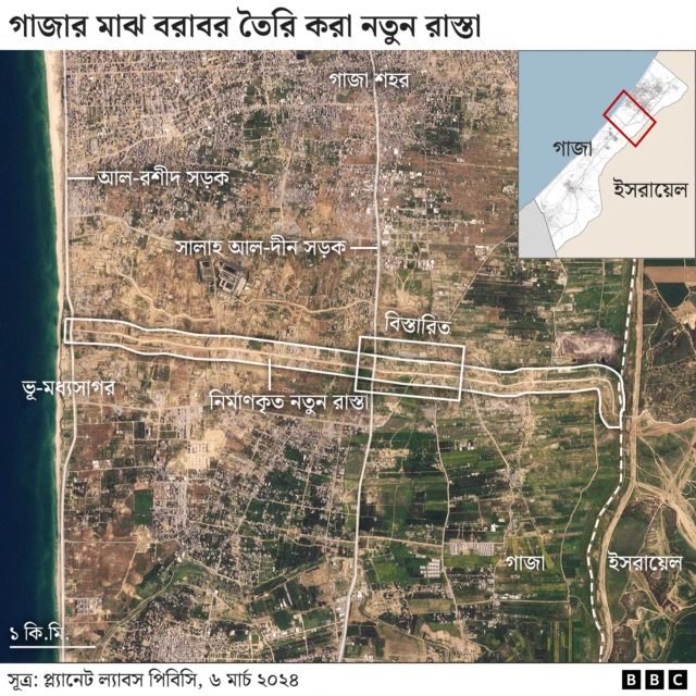 গাজায় তৈরি রাস্তার স্যাটেলাইট চিত্র