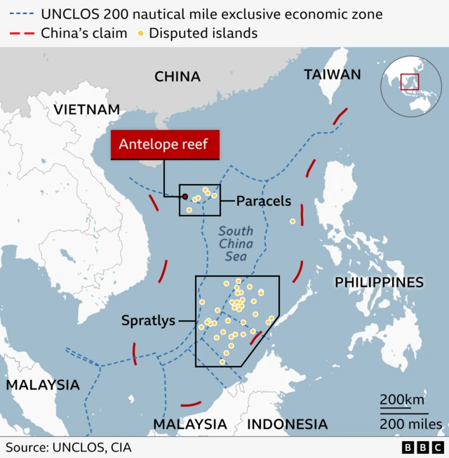 A map of the South China Sea showing the various disputed islands and the nine-dash line. 