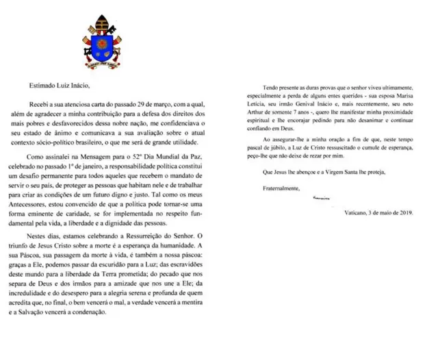 Carta do papa Francisco a Lula