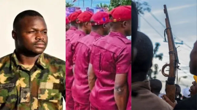Ogagun Felix Isaac ati aworan awọn amọtẹkun kan ati ọdẹ kan to gbe ibọn rẹ soke.