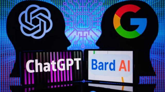 Deux illustrations de têtes se font face. Elles représentent ChatGPT et Bard. Le logo respectif des deux inventions est placé à la place du cerveau.