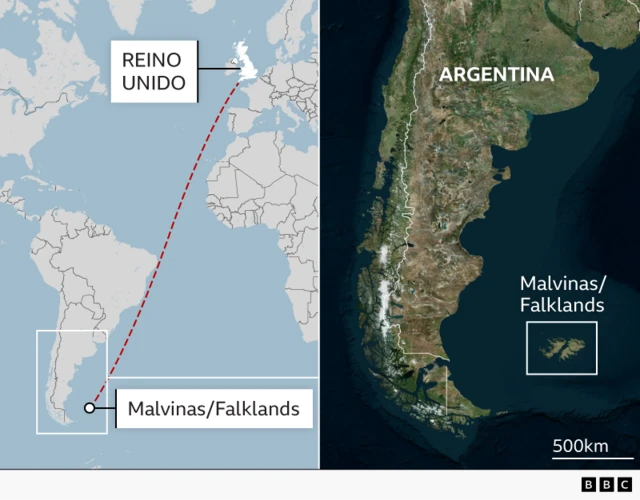 Dos mapas donde se puede ver la ubicación de las ilas Malvinas/Falklands respecto a Reino Unido y Argentina. 
